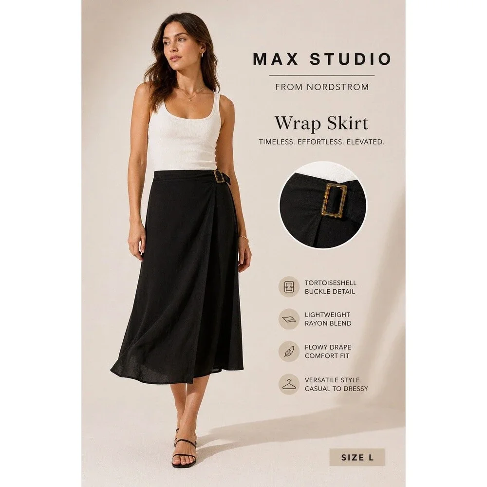 Max Studio Norstrom Women Black Wrap Skirt L Tortoiseshell Buckle Midi Rayon
